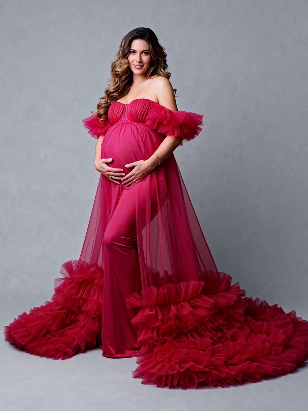 Red Maternity Tulle Gown Photoshoot